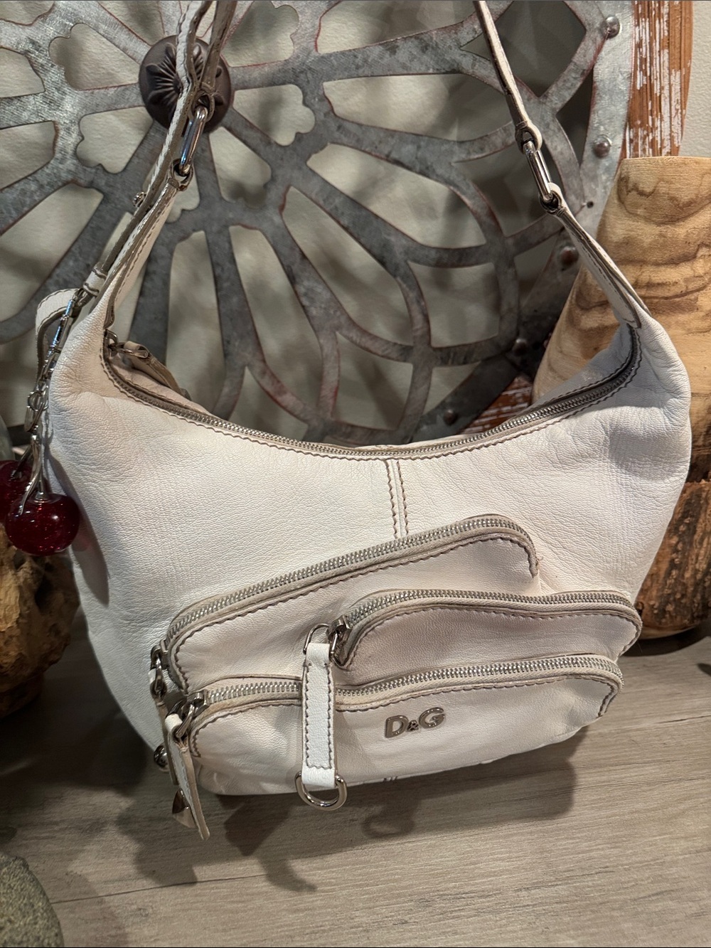 D&G Cream Leather Shoulder Bag with Front Zip Pockets
